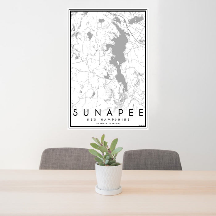 24x36 Sunapee New Hampshire Map Print Portrait Orientation in Classic Style Behind 2 Chairs Table and Potted Plant