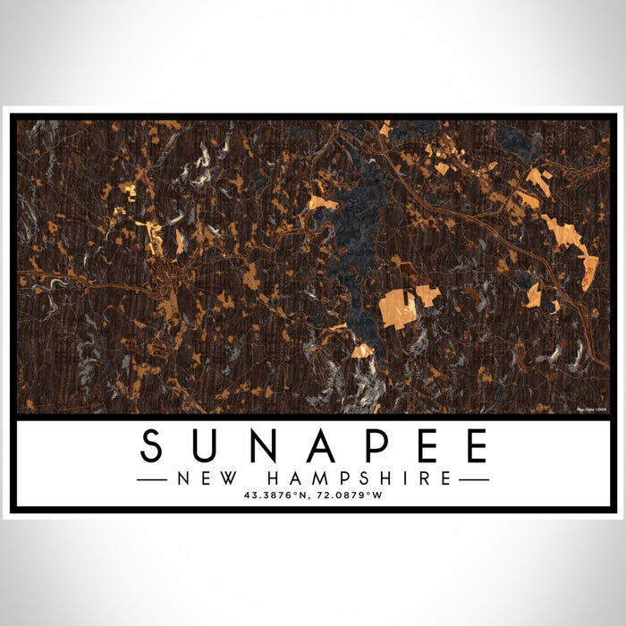 Sunapee New Hampshire Map Print Landscape Orientation in Ember Style With Shaded Background