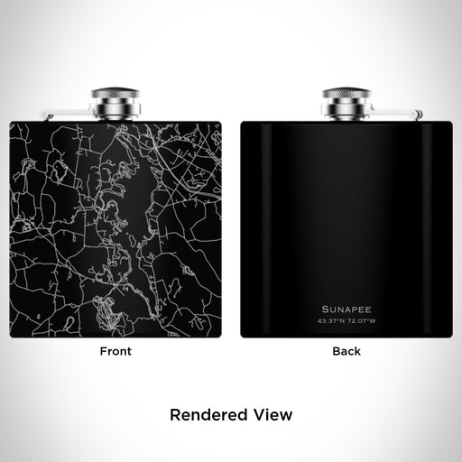 Rendered View of Sunapee New Hampshire Map Engraving on 6oz Stainless Steel Flask in Black
