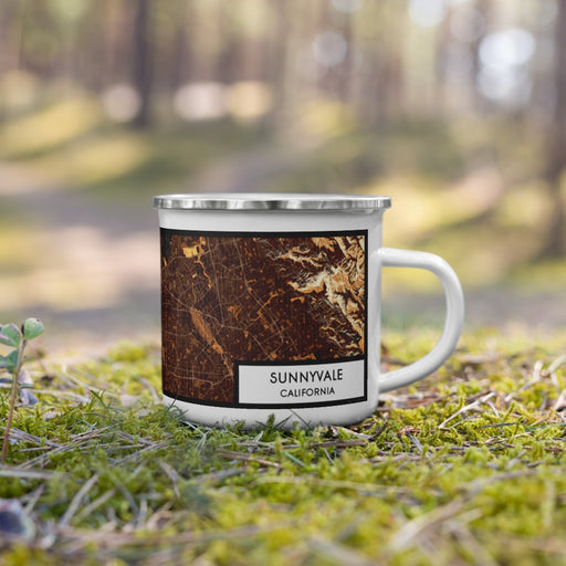 Right View Custom Sunnyvale California Map Enamel Mug in Ember on Grass With Trees in Background