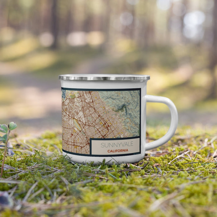 Right View Custom Sunnyvale California Map Enamel Mug in Woodblock on Grass With Trees in Background