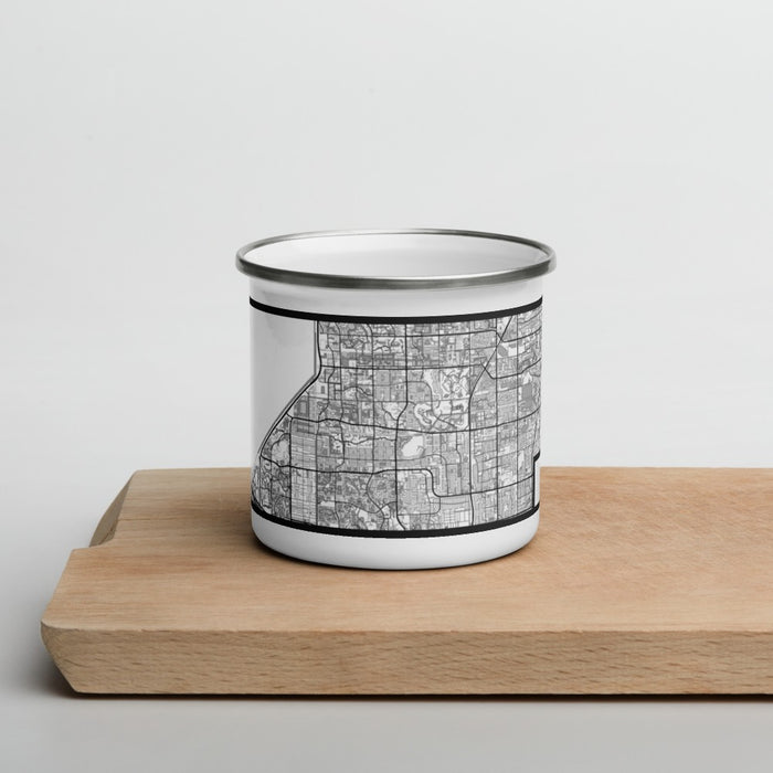 Front View Custom Sunrise Florida Map Enamel Mug in Classic on Cutting Board