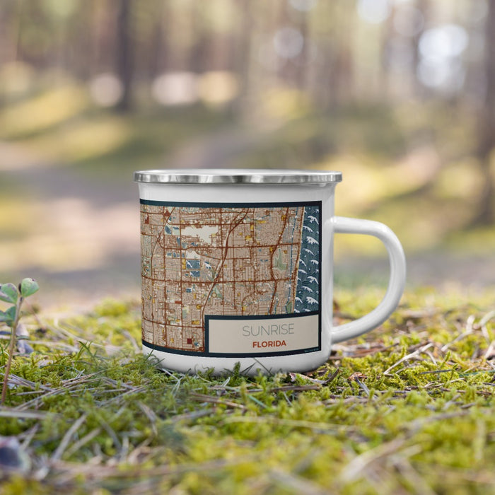Right View Custom Sunrise Florida Map Enamel Mug in Woodblock on Grass With Trees in Background