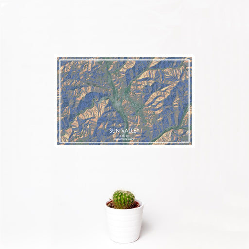 12x18 Sun Valley Idaho Map Print Landscape Orientation in Afternoon Style With Small Cactus Plant in White Planter
