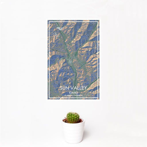 12x18 Sun Valley Idaho Map Print Portrait Orientation in Afternoon Style With Small Cactus Plant in White Planter