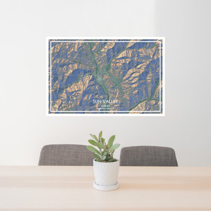 24x36 Sun Valley Idaho Map Print Lanscape Orientation in Afternoon Style Behind 2 Chairs Table and Potted Plant