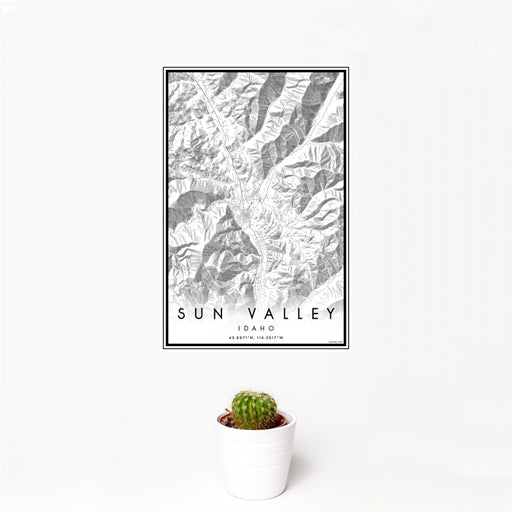 12x18 Sun Valley Idaho Map Print Portrait Orientation in Classic Style With Small Cactus Plant in White Planter