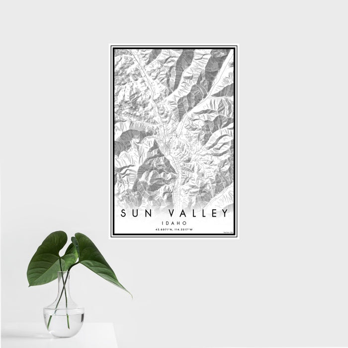 16x24 Sun Valley Idaho Map Print Portrait Orientation in Classic Style With Tropical Plant Leaves in Water