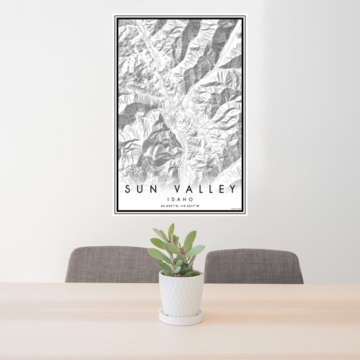 24x36 Sun Valley Idaho Map Print Portrait Orientation in Classic Style Behind 2 Chairs Table and Potted Plant