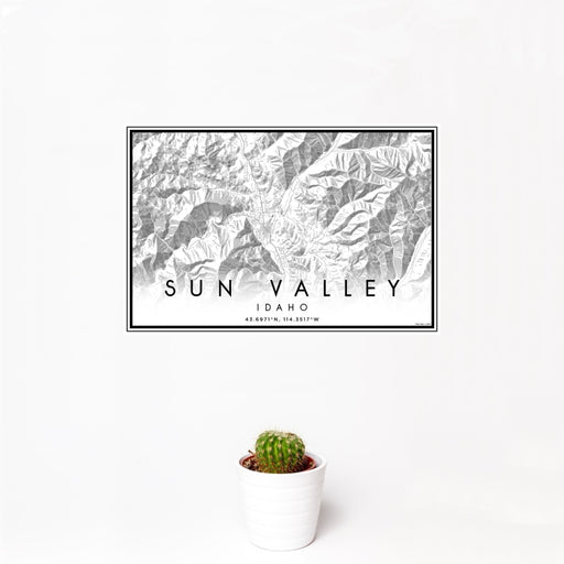 12x18 Sun Valley Idaho Map Print Landscape Orientation in Classic Style With Small Cactus Plant in White Planter