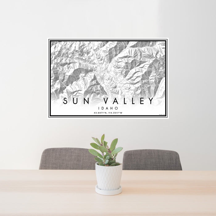 24x36 Sun Valley Idaho Map Print Landscape Orientation in Classic Style Behind 2 Chairs Table and Potted Plant