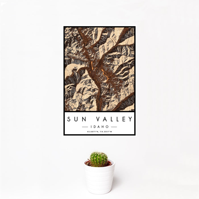 12x18 Sun Valley Idaho Map Print Portrait Orientation in Ember Style With Small Cactus Plant in White Planter