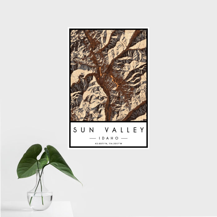 16x24 Sun Valley Idaho Map Print Portrait Orientation in Ember Style With Tropical Plant Leaves in Water