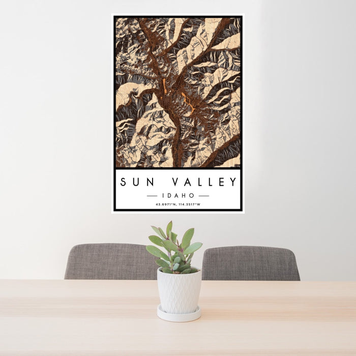 24x36 Sun Valley Idaho Map Print Portrait Orientation in Ember Style Behind 2 Chairs Table and Potted Plant