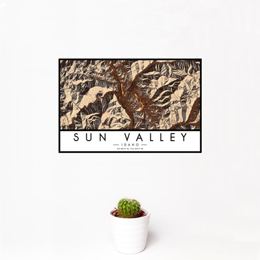 12x18 Sun Valley Idaho Map Print Landscape Orientation in Ember Style With Small Cactus Plant in White Planter