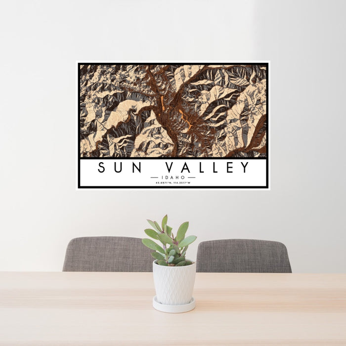 24x36 Sun Valley Idaho Map Print Landscape Orientation in Ember Style Behind 2 Chairs Table and Potted Plant