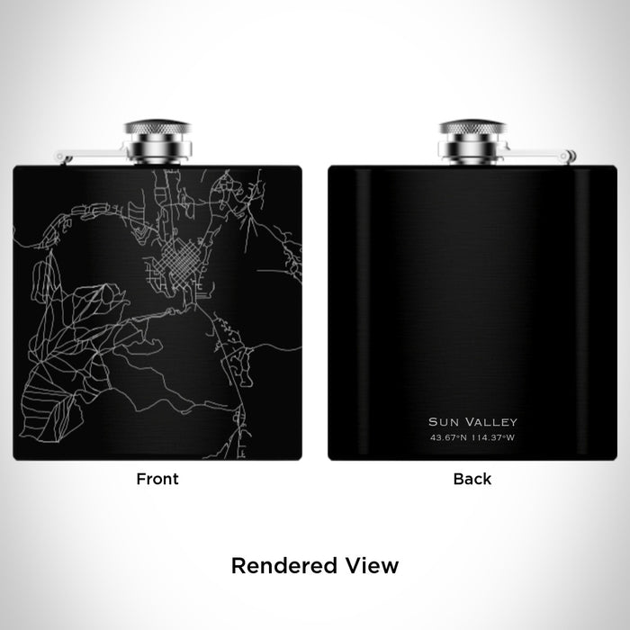 Rendered View of Sun Valley Idaho Map Engraving on 6oz Stainless Steel Flask in Black