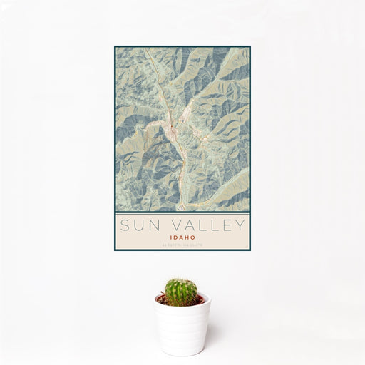 12x18 Sun Valley Idaho Map Print Portrait Orientation in Woodblock Style With Small Cactus Plant in White Planter