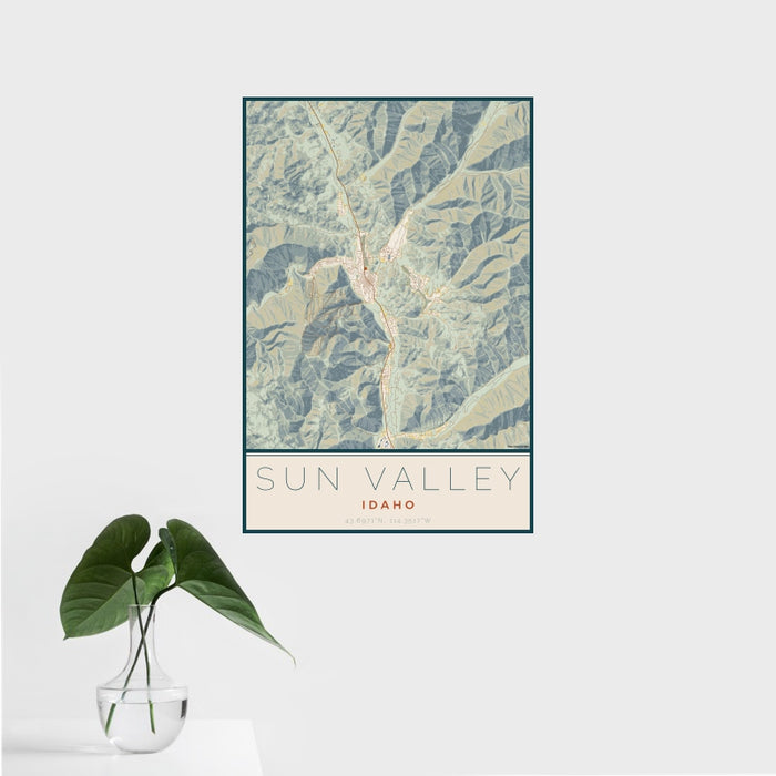 16x24 Sun Valley Idaho Map Print Portrait Orientation in Woodblock Style With Tropical Plant Leaves in Water