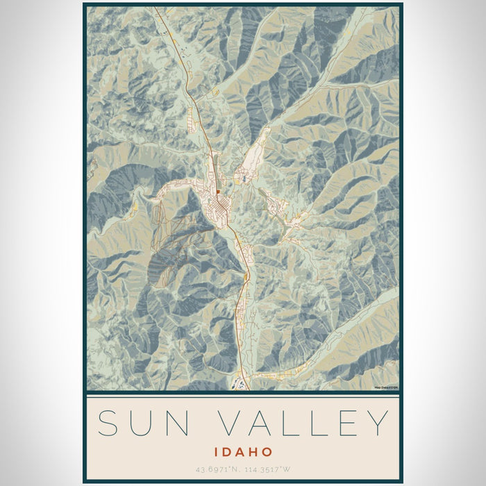 Sun Valley Idaho Map Print Portrait Orientation in Woodblock Style With Shaded Background