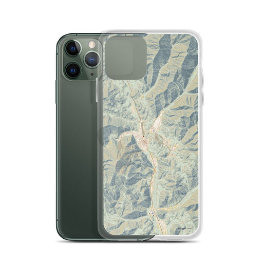 Custom Sun Valley Idaho Map Phone Case in Woodblock on Table with Laptop and Plant