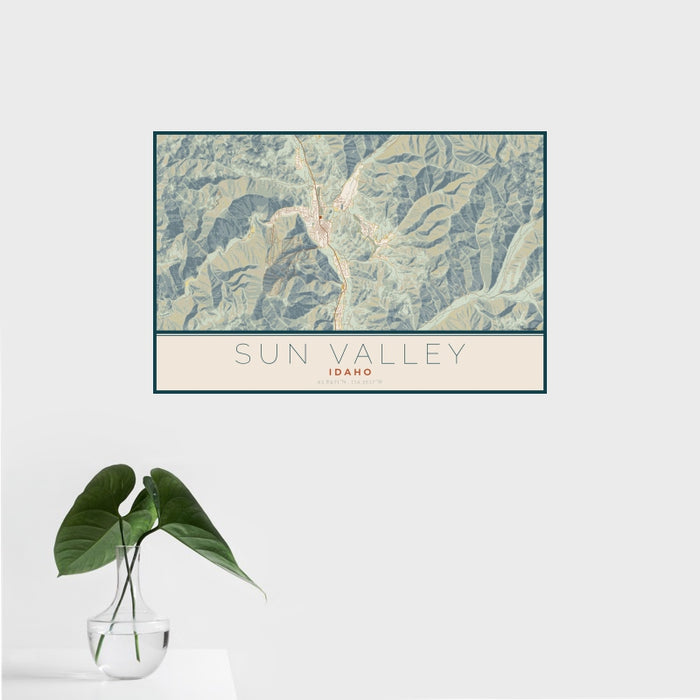 16x24 Sun Valley Idaho Map Print Landscape Orientation in Woodblock Style With Tropical Plant Leaves in Water