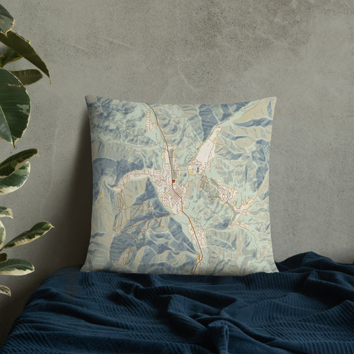 Custom Sun Valley Idaho Map Throw Pillow in Woodblock on Bedding Against Wall