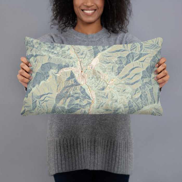 Person holding 20x12 Custom Sun Valley Idaho Map Throw Pillow in Woodblock