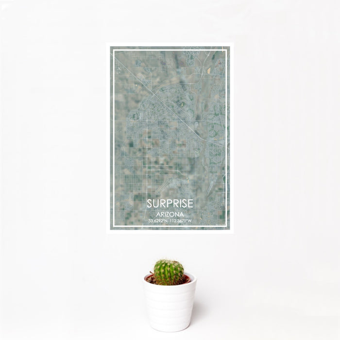 12x18 Surprise Arizona Map Print Portrait Orientation in Afternoon Style With Small Cactus Plant in White Planter