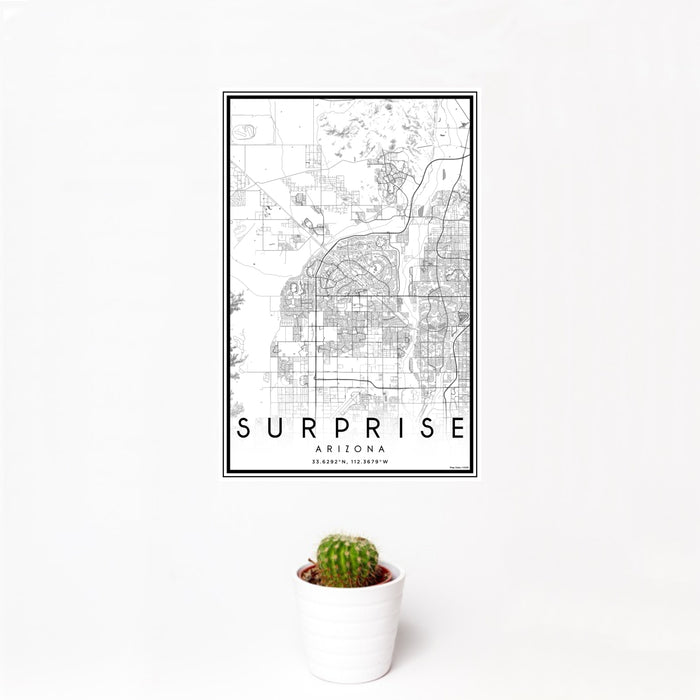 12x18 Surprise Arizona Map Print Portrait Orientation in Classic Style With Small Cactus Plant in White Planter