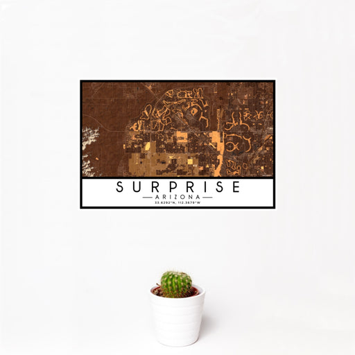 12x18 Surprise Arizona Map Print Landscape Orientation in Ember Style With Small Cactus Plant in White Planter