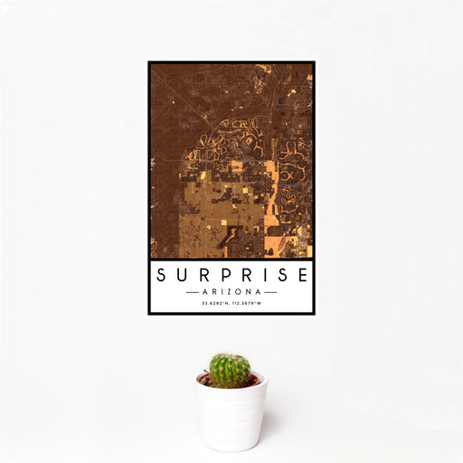 12x18 Surprise Arizona Map Print Portrait Orientation in Ember Style With Small Cactus Plant in White Planter
