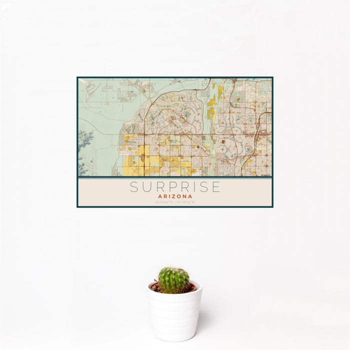 12x18 Surprise Arizona Map Print Landscape Orientation in Woodblock Style With Small Cactus Plant in White Planter