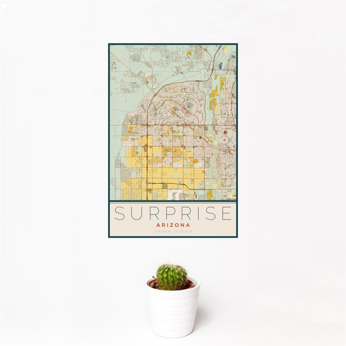 12x18 Surprise Arizona Map Print Portrait Orientation in Woodblock Style With Small Cactus Plant in White Planter