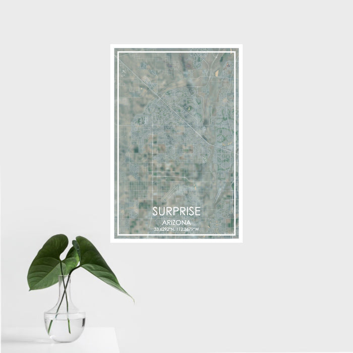 16x24 Surprise Arizona Map Print Portrait Orientation in Afternoon Style With Tropical Plant Leaves in Water