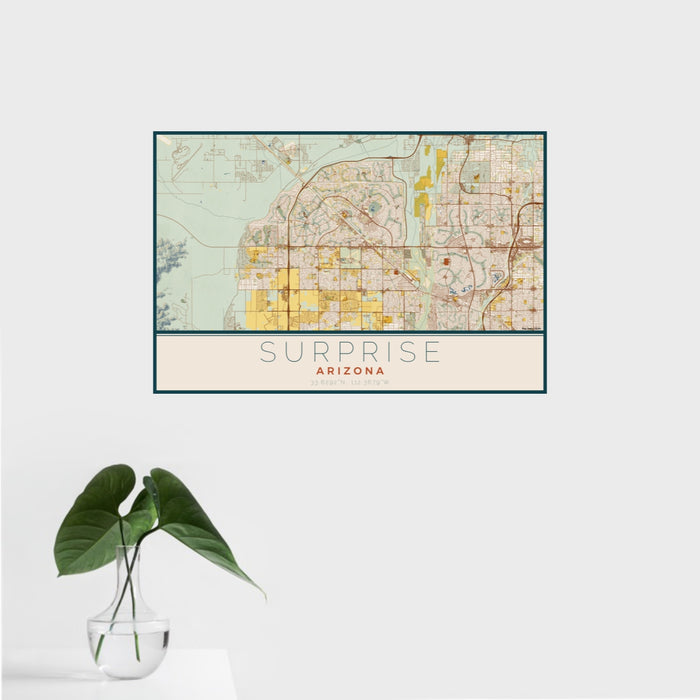 16x24 Surprise Arizona Map Print Landscape Orientation in Woodblock Style With Tropical Plant Leaves in Water