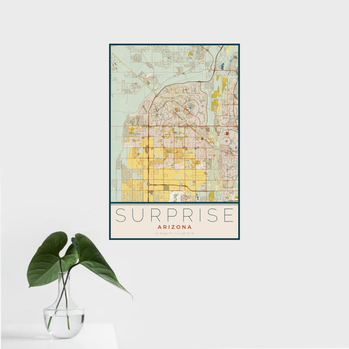 16x24 Surprise Arizona Map Print Portrait Orientation in Woodblock Style With Tropical Plant Leaves in Water