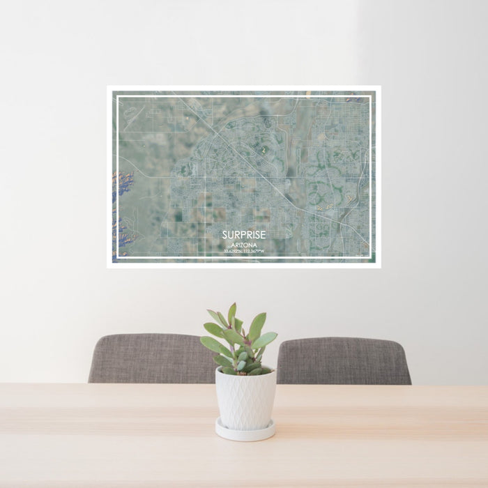 24x36 Surprise Arizona Map Print Lanscape Orientation in Afternoon Style Behind 2 Chairs Table and Potted Plant