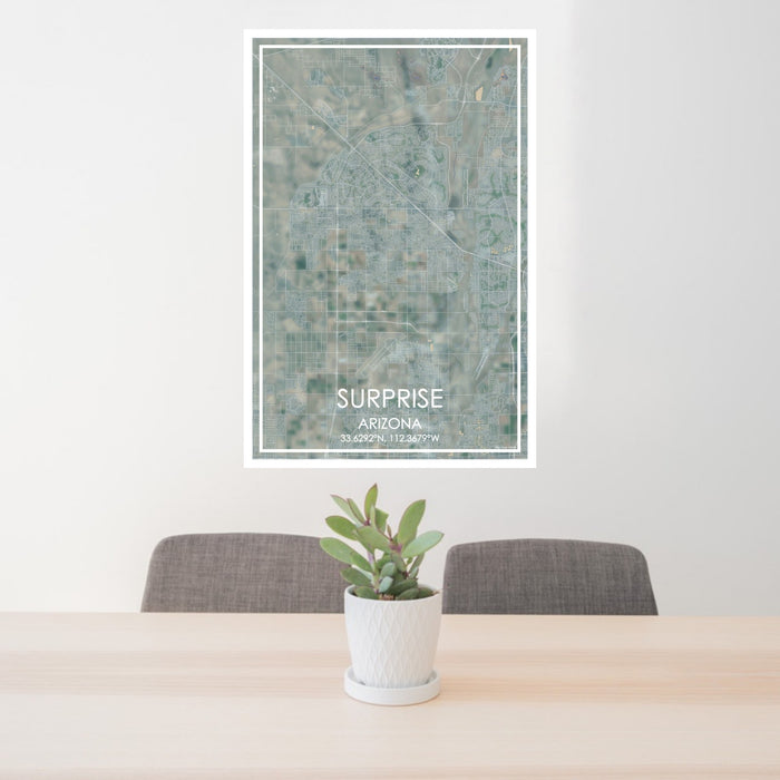 24x36 Surprise Arizona Map Print Portrait Orientation in Afternoon Style Behind 2 Chairs Table and Potted Plant
