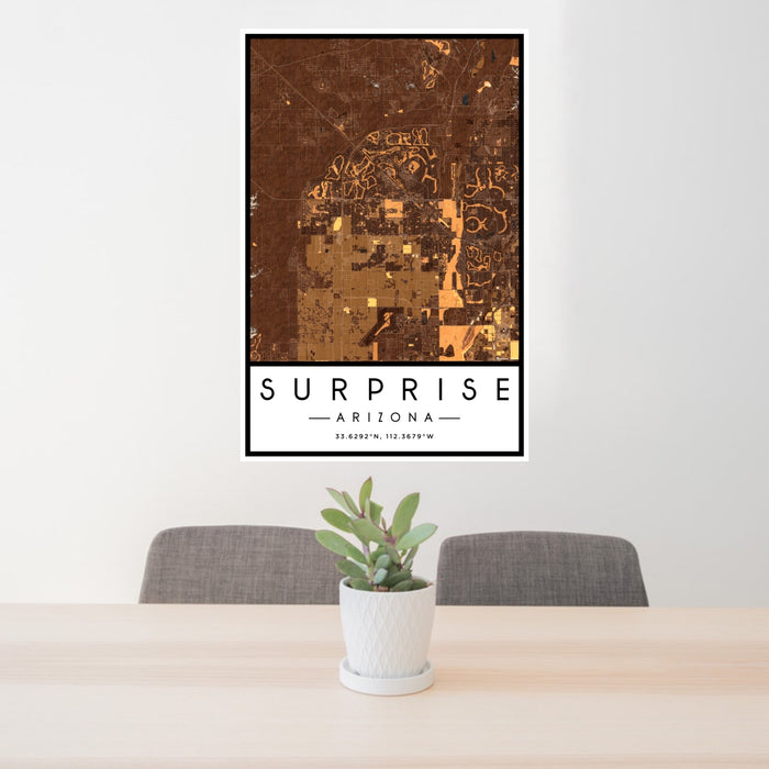 24x36 Surprise Arizona Map Print Portrait Orientation in Ember Style Behind 2 Chairs Table and Potted Plant