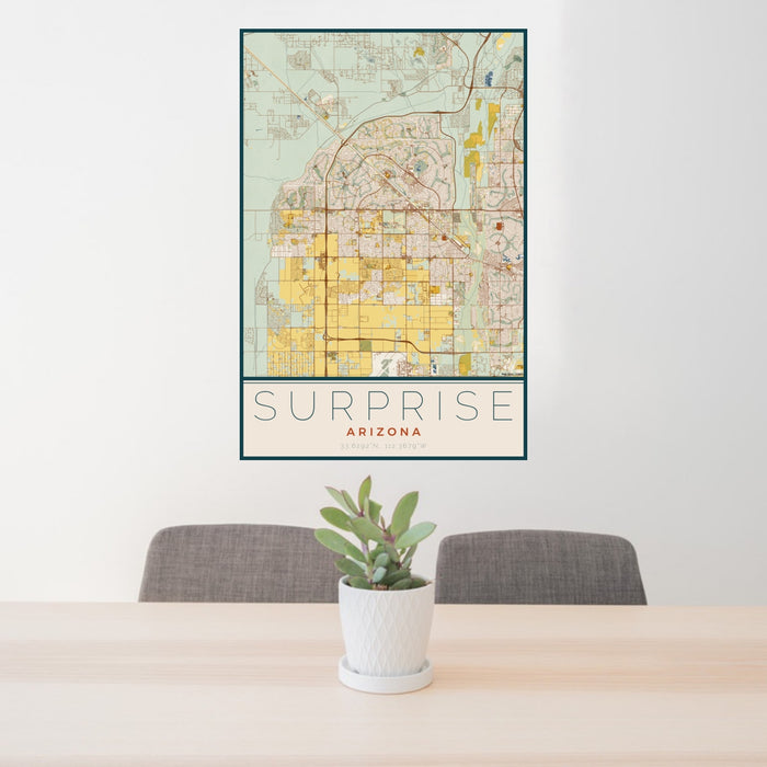 24x36 Surprise Arizona Map Print Portrait Orientation in Woodblock Style Behind 2 Chairs Table and Potted Plant
