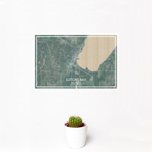 12x18 Suttons Bay Michigan Map Print Landscape Orientation in Afternoon Style With Small Cactus Plant in White Planter