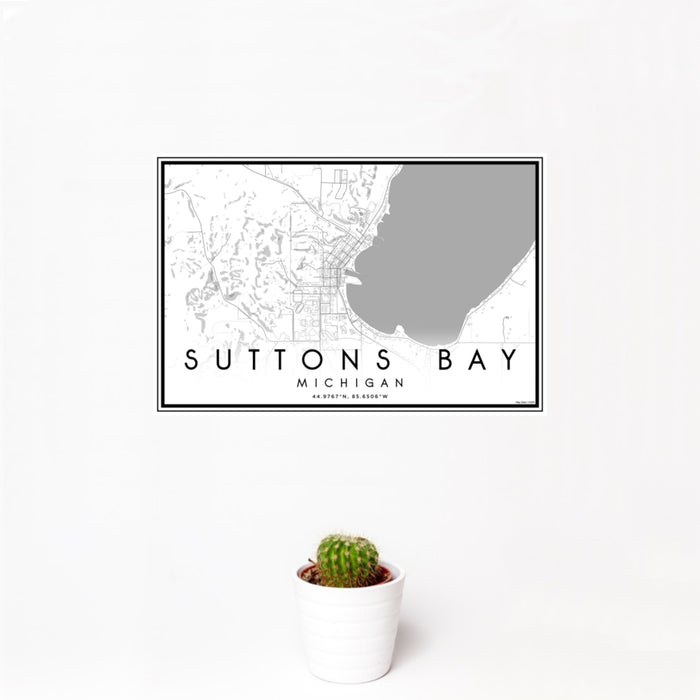 12x18 Suttons Bay Michigan Map Print Landscape Orientation in Classic Style With Small Cactus Plant in White Planter