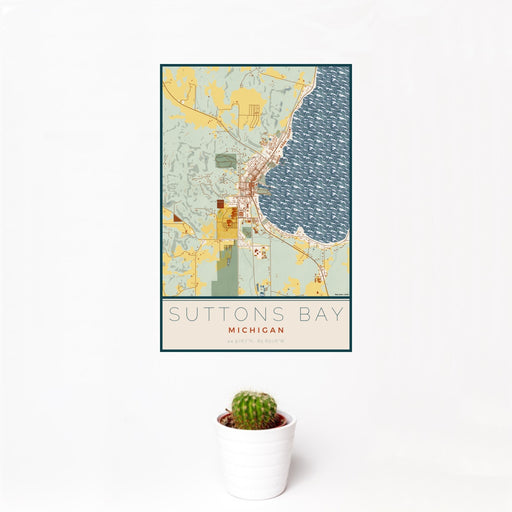 12x18 Suttons Bay Michigan Map Print Portrait Orientation in Woodblock Style With Small Cactus Plant in White Planter
