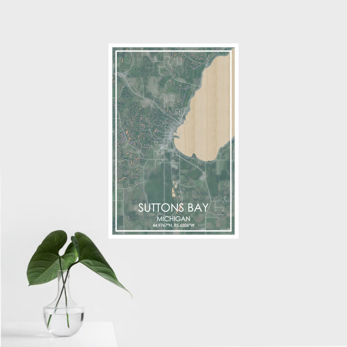 16x24 Suttons Bay Michigan Map Print Portrait Orientation in Afternoon Style With Tropical Plant Leaves in Water