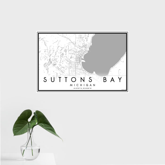 16x24 Suttons Bay Michigan Map Print Landscape Orientation in Classic Style With Tropical Plant Leaves in Water