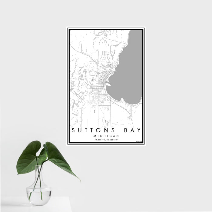 16x24 Suttons Bay Michigan Map Print Portrait Orientation in Classic Style With Tropical Plant Leaves in Water