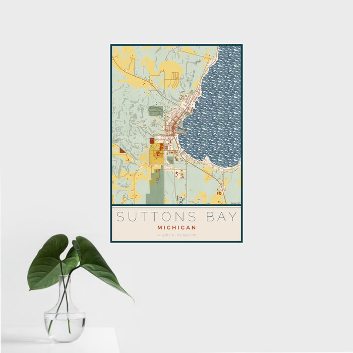 16x24 Suttons Bay Michigan Map Print Portrait Orientation in Woodblock Style With Tropical Plant Leaves in Water