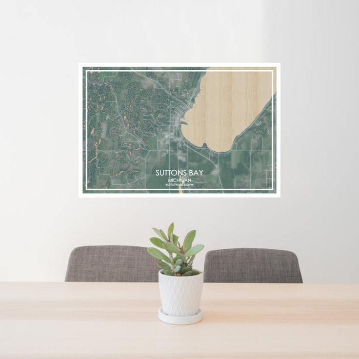 24x36 Suttons Bay Michigan Map Print Lanscape Orientation in Afternoon Style Behind 2 Chairs Table and Potted Plant