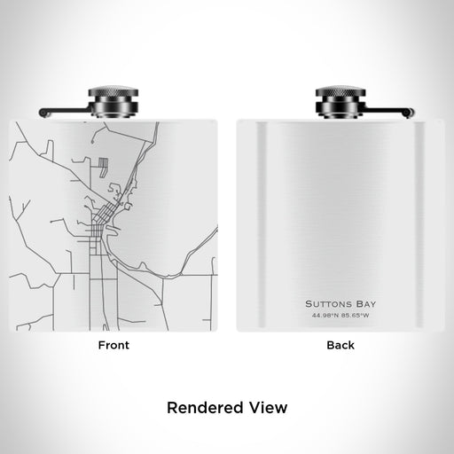 Rendered View of Suttons Bay Michigan Map Engraving on 6oz Stainless Steel Flask in White